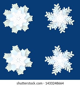 Vector set of white and blue Christmas paper cut 3d snowflakes with shadow on blue background. Holiday design elements