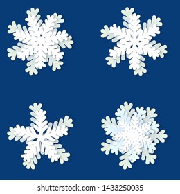 Vector set of white and blue Christmas paper cut 3d snowflakes with shadow on blue background. Holiday design elements