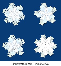 Vector set of white and blue Christmas paper cut 3d snowflakes with shadow on blue background. Holiday design elements