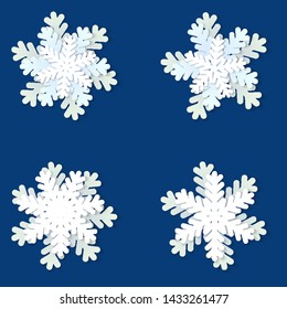 Vector set of white and blue Christmas paper cut 3d snowflakes with shadow on blue background. Holiday design elements