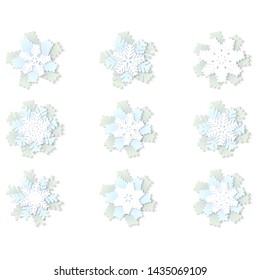 Vector set of white and blue christmas paper snowflakes with shadow on white background. Holiday, New year and Christmas design elements