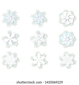 Vector set of white and blue christmas paper snowflakes with shadow on white background. Holiday, New year and Christmas design elements