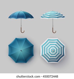 Vector Set of White Blue Striped Blank Classic Opened Round Rain Umbrella Parasol Sunshade Top Front Side View Mock up Close Isolated on Background