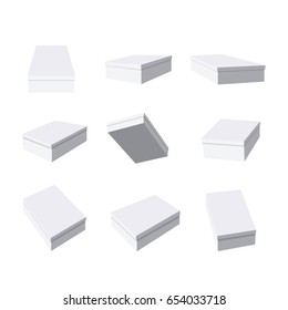 Vector set with white box with top cover drawn in different foreshortening isolated on white background. Collection consists of 9 various perspective angle to the viewer. Monochrome packaging set