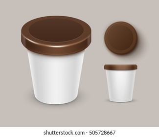 Vector Set of White Brown Blank Food Plastic Tub Bucket Container For Chocolate Dessert, Yogurt, Ice Cream with Label for Package Design Mock Up Close up Top Side View Isolated on Background