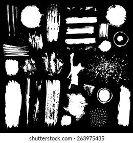 Vector set of white brush strokes. Editable isolated elements. Grunge brushes for your design. Freehand. Watercolor splash.  Acrylic stamp