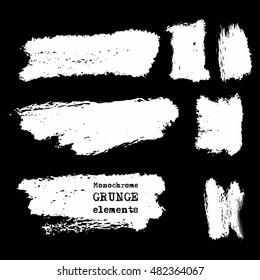Vector set of white brush strokes on black background. Grunge isolated elements. Texture brushes for your design. Freehand. Watercolor splash. Acrylic stamp. Vector illustration