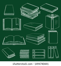 Vector Set of White Chalk Sketch Book Illustration on Chalkboard Background