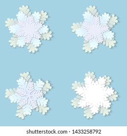 Vector set of white Christmas paper snowflakes with shadow on blue background. Holiday, New year and Christmas design elements