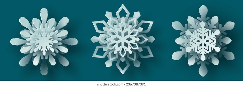 Vector set white christmas paper cut 3d snowflake with shadow on teal colored background. Winter design elements for presentation, banner, cover, web, flyer, card, sale, poster, slide and social media