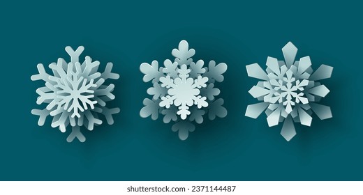 Vector set white christmas paper cut 3d snowflake with shadow on teal colored background. Winter design elements for presentation, banner, cover, web, flyer, card, sale, poster, slide and social media