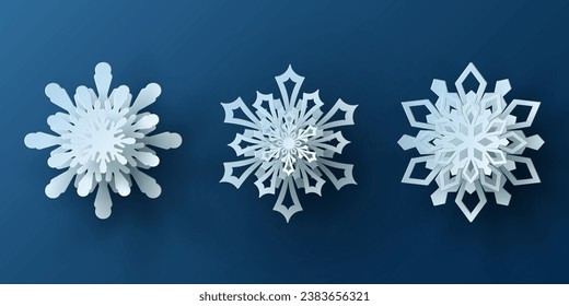 Vector set white christmas paper cut 3d snowflake with shadow on blue colored background. Winter design elements for presentation, banner, cover, web, flyer, card, sale, poster, slide and social media