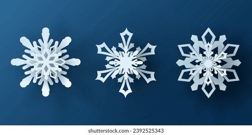 Vector set white christmas paper cut 3d snowflake with shadow on blue colored background. Winter design elements for presentation, banner, cover, web, flyer, card, sale, poster, slide and social media