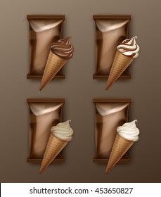 Vector Set of White Classic and Chocolate Soft Serve Ice Cream Waffle Cone with Brown Plastic Foil Wrapper for Branding Package Design Close up Isolated on Background