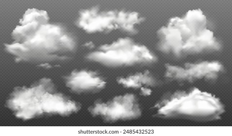 Vector set of white cloud, smoke or fog isolated on black transparent background. Cloud overlay texture, fire smoke wave or smoking explosion effect. Nature sky, cloud pattern or food smoke symbol art