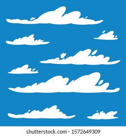 Vector set of white clouds. Cartoon flat style clouds isolated on blue sky. Cloudscape in blue sky, white cloud illustration.