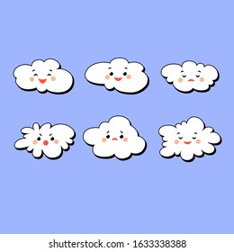 Vector set of white clouds on a white background with black contours and funny faces. Cartoon sky elements. Cute stickers.