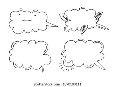Vector set of white clouds on a white background with black contours and funny faces.Kawai cloud faces.
