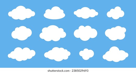 Vector set of white clouds on blue background. Cartoon cloud collection in flat design. - Shutterstock ID 2385029693