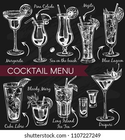 Vector set with white cocktails icons on the black background