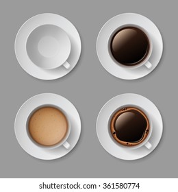 Vector Set of White Coffee Cup Mug with Crema Foam Bubbles Top View Isolated On Background