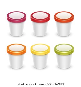 Vector Set of White Colored Red Green Orange Yellow Blank Food Plastic Tub Bucket Container For Fruit Berry Dessert Yogurt Ice Cream for Package Design Mock up Close up Isolated on White Background