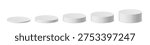 Vector set white cylindrical plinth podium in ascending height. 3d mockup round stand product presentation in realistic style. Blank stand pedestal 