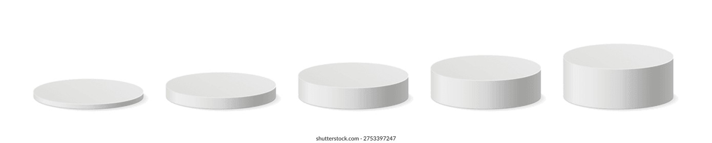 Vector set white cylindrical plinth podium in ascending height. 3d mockup round stand product presentation in realistic style. Blank stand pedestal 