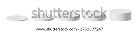 Vector set white cylindrical plinth podium in ascending height. 3d mockup round stand product presentation in realistic style. Blank stand pedestal 