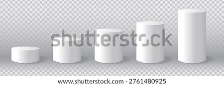 Vector set white cylindrical plinth podium in ascending height. 3d mockup round stand product presentation in realistic style. Blank stand pedestal 