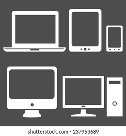 Vector Set of White Digital Devices Icons. Laptop, Tablet, Mobile, PC.