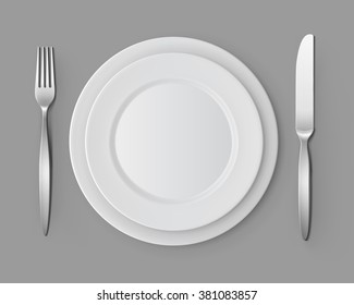 Vector Set of White Empty Flat Round Plates with Fork and Knife Top View Isolated on Background. Table Setting