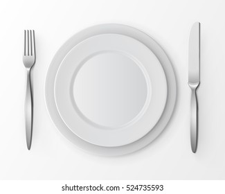 Vector set of White Empty Flat Round Plates with Fork and Knife Top View Isolated on White Background. Table Setting