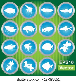 Vector : Set Of White Fish on Blue Icons in Green Shiny Background