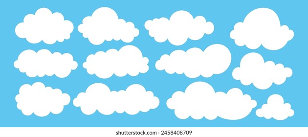 Vector set white flat clouds, sky, vector clouds, clouds collection on blue background