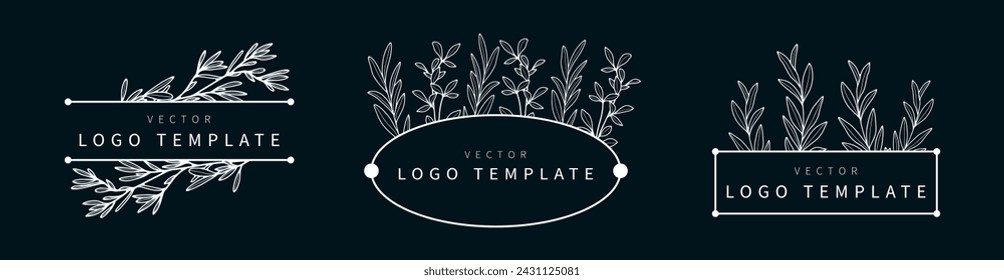 Conjunto de vectores de plantillas de logotipo floral blanco sobre fondo azul oscuro. Insignias botánicas, logotipos con diversas ramas y hojas