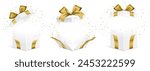 Vector set of white gift boxes with green ribbons and exploded colorful confetti isolated on a white background. Unfolded surprise giftbox, vector illustration.