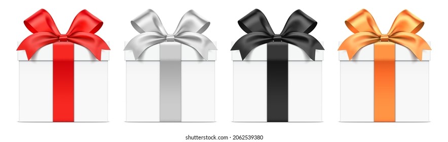 Vector set of white gift boxes with different color ribbons. Realistic giftbox in front view, isolated on white background. - Shutterstock ID 2062539380