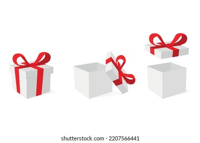 Vector set of white gift boxes with red color ribbons. Vector open gift box illustration for present, christmas, new year, birthday or wedding banners. Vector illustration