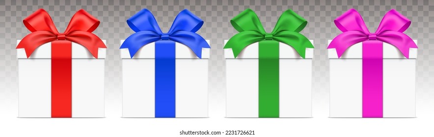 Conjunto vectorial de cajas de regalo blancas con cintas de color diferentes, aisladas en fondo blanco.