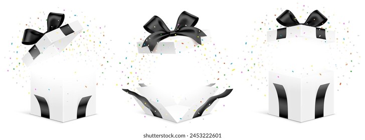 Conjunto de Vector de cajas de regalo blancas con cintas negras y confeti de colores explotados aislados sobre un fondo blanco. Caja de regalo sorpresa desdoblada, Ilustración vectorial.