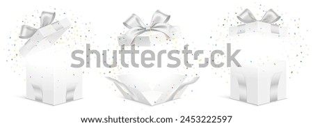 Vector set of white gift boxes with exploded colorful confetti isolated on a white background. Unfolded surprise giftbox, vector illustration.