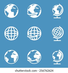 Vector Set of White Globe Icons on Blue Background
