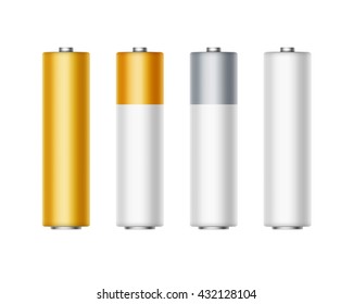 Vector Set of White Golden Yellow Silver Gray Glossy Alkaline AA Batteries Of Diffrent Color for branding Close up Isolated on White background