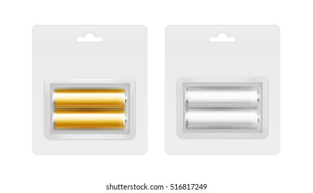 Vector Set of White Golden Yellow Silver Gray Glossy Alkaline AA Batteries in Transparent Blister Packed for branding Close up Isolated on White background