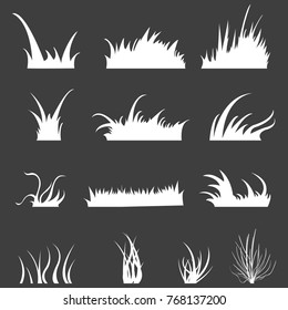 Vector Set of White Grass Silhouettes on Black Backround