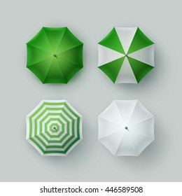 Vector Set of White Green Striped Blank Classic Opened Round Rain Umbrella Parasol Sunshade Top View Mock up Close Isolated on Background