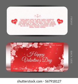 Vector set of white greeting card for Valentine's Day with line pattern, text and red gradient case with hearts pattern and metal stripes on the gray background.