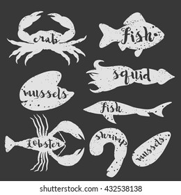 vector set of white grunge silhouettes of seafood isolated on dark background with the words, titles. Crab, lobster, fish, shrimp, squid, mussels, oysters in retro style