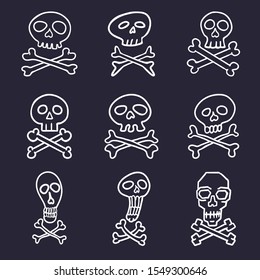 Vector Set of White Hand Drawn Doodle Skulls and Crossbones Signs on Dark Background